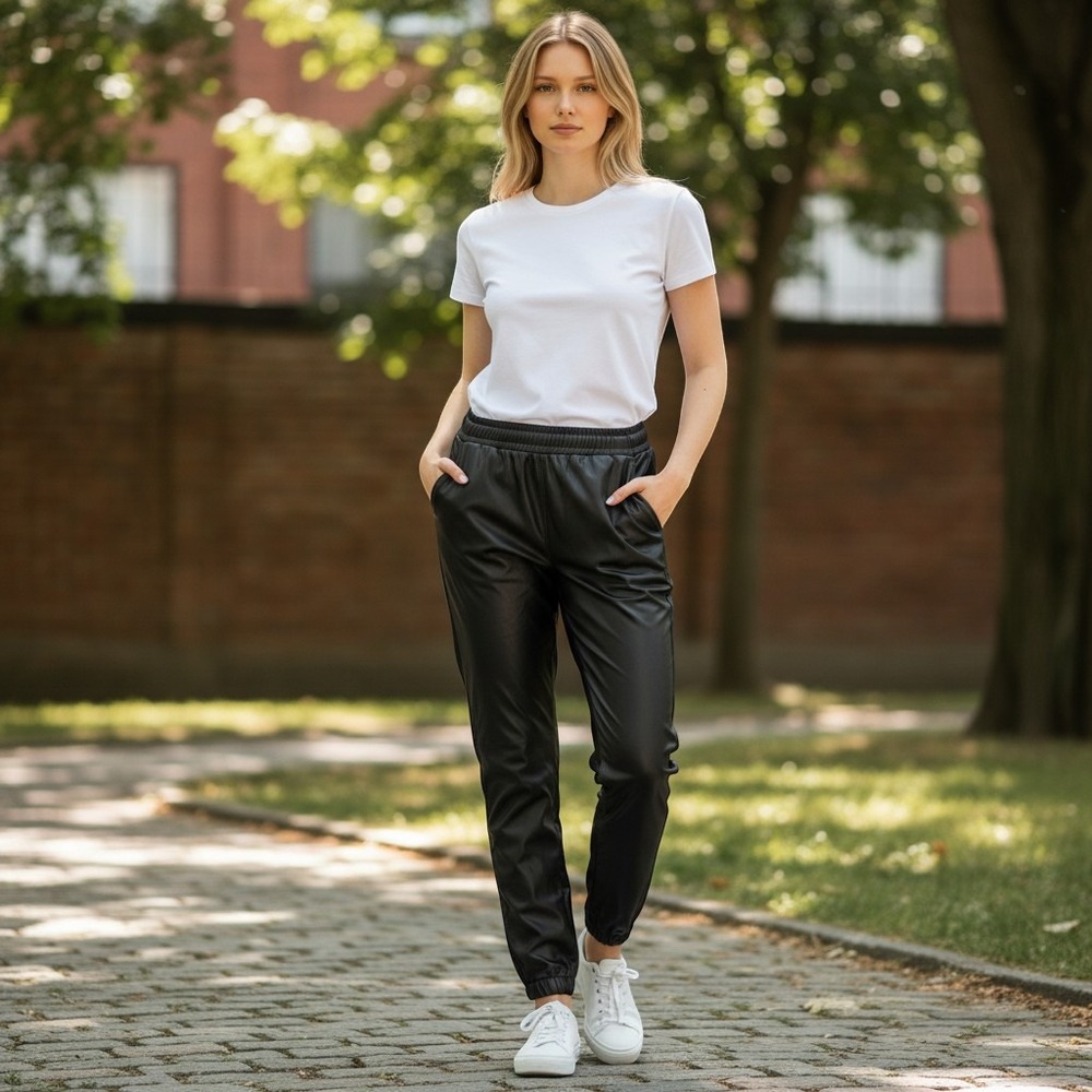 Juicy Couture Black Faux Leather Joggers Elastic Waist Tapered Pants Womens M